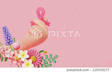 Cartoon hands holding 3d pink ribbon for symbolic of encourage breast cancer awareness. 3d render illustration. 110359277