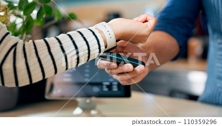 Smart watch, machine or hands of customer in cafe with cashier for shopping, sale or checkout. Coffee shop, bills or closeup of person paying for service or payment technology in restaurant or diner 110359296