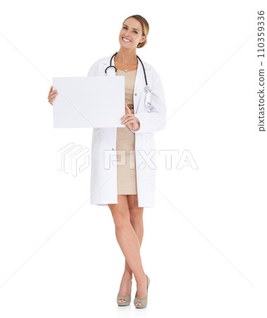 Doctor, studio or happy woman in portrait for poster, advertising or healthcare info on board. White background, smile or medical professional with medicine announcement ads, paper or mockup space 110359336