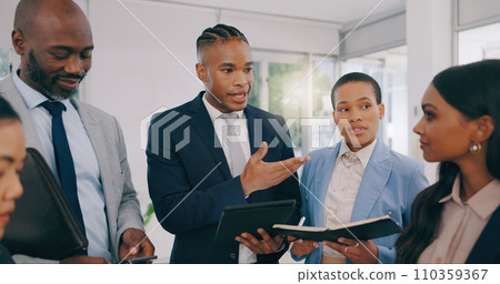 Business people, tablet and coaching team in meeting for schedule, planning or strategy at office. Businessman talking to employees on technology for project plan, ideas or collaboration at workplace Business people, tablet and coaching team in meeting for schedule, planning or strategy at office. Businessman talking to employees on technology for project plan, ideas or collaboration at workplace 110359367