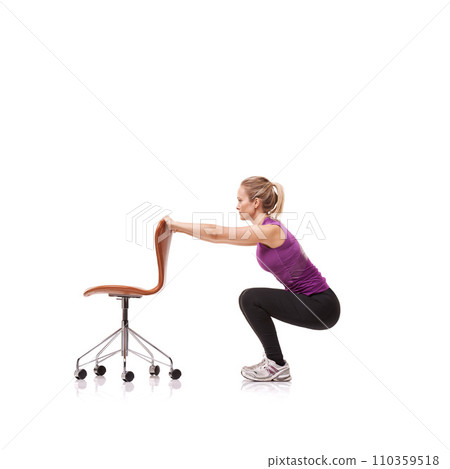 Pilates, exercise and woman squat with chair or crouch in white background or studio. Stretching, body and person in workout with a seat for fitness, health and wellness practice for posture 110359518