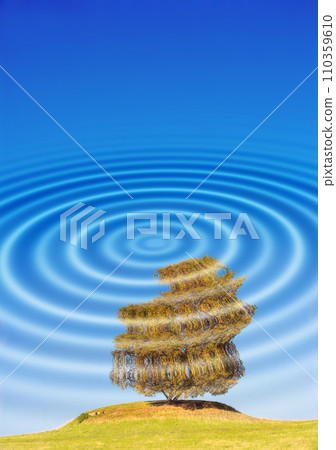 CGI ripple effect of nature scene with white reflection of circle pattern and texture. Hypnotizing wallpaper background of psychedelic art. Cosmic tree on a lawn of grass and a blue sky. 110359610