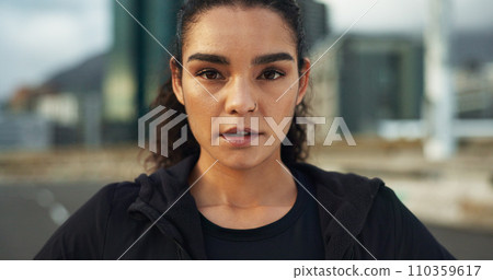 Fitness, city portrait and woman exercise, determined and ready for outdoor cardio, workout commitment or sports. Sweaty face, road and active athlete, runner or person for street training challenge 110359617