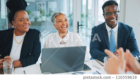 Corporate meeting, happiness and professional people consulting, sales pitch and negotiation with B2B investment clients. Cooperation, project planning and group listening to ideas, strategy or plan 110359619