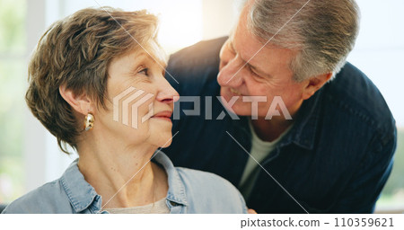 Love, senior or happy couple talking in home living room bonding or speaking in marriage commitment. Romance, eye contact or mature woman in a conversation with a man to relax on holiday vacation Love, senior or happy couple talking in home living room bonding or speaking in marriage commitment. Romance, eye contact or mature woman in a conversation with a man to relax on holiday vacation 110359621