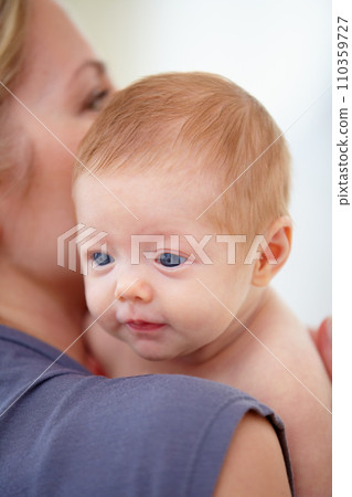 Family, shoulder and mom with baby in home for bonding, loving relationship and affection. Love, bedroom and closeup of mother carrying newborn for child development, growth and care in nursery Family, shoulder and mom with baby in home for bonding, loving relationship and affection. Love, bedroom and closeup of mother carrying newborn for child development, growth and care in nursery 110359727