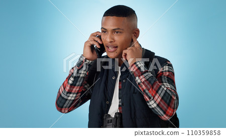 Phone call, hiking and man with conversation, digital app and communication on a blue background. Person, model and hiker with a smartphone, mobile user and smile with wellness, speaking and health 110359858