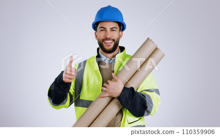 Engineering, man and thumbs up for architecture success, renovation and design planning with blueprint in studio. Portrait of construction worker or contractor with like emoji on a white background Engineering, man and thumbs up for architecture success, renovation and design planning with blueprint in studio. Portrait of construction worker or contractor with like emoji on a white background 110359906