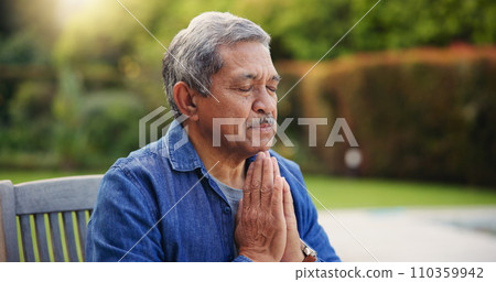 Senior, man or hands praying outdoor for religion, worship and support for jesus christ in garden of home. Elderly, person and prayer for thank you, gratitude and trust in God for praise or salvation Senior, man or hands praying outdoor for religion, worship and support for jesus christ in garden of home. Elderly, person and prayer for thank you, gratitude and trust in God for praise or salvation 110359942
