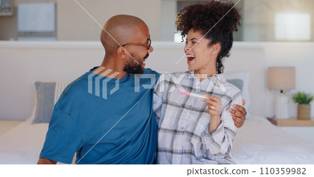 Excited couple, bed and positive pregnancy test for maternity, family or start at home. Closeup of happy man and pregnant woman smile for parenthood, morning or good results in bedroom together Excited couple, bed and positive pregnancy test for maternity, family or start at home. Closeup of happy man and pregnant woman smile for parenthood, morning or good results in bedroom together 110359982