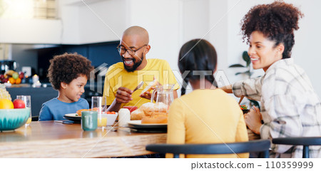 Black family, food and parents with kids for breakfast, lunch and eating together in home. Happy, serving and mom, dad and children for bonding with meal for health, nutrition and hunger in house Black family, food and parents with kids for breakfast, lunch and eating together in home. Happy, serving and mom, dad and children for bonding with meal for health, nutrition and hunger in house 110359999