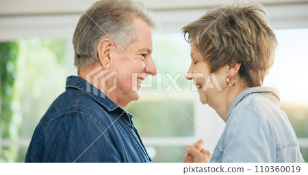 Love, dancing and mature couple smile, happy and bonding with wife, husband or marriage partner support, care and happiness. Romance, home wellness and face of old man, woman or people dance together 110360019