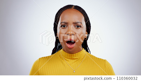 Portrait, surprise and black woman with gossip, announcement and reaction on white studio background. Face, model or African person with emotion, news and open mouth with winner, expression and emoji Portrait, surprise and black woman with gossip, announcement and reaction on white studio background. Face, model or African person with emotion, news and open mouth with winner, expression and emoji 110360032