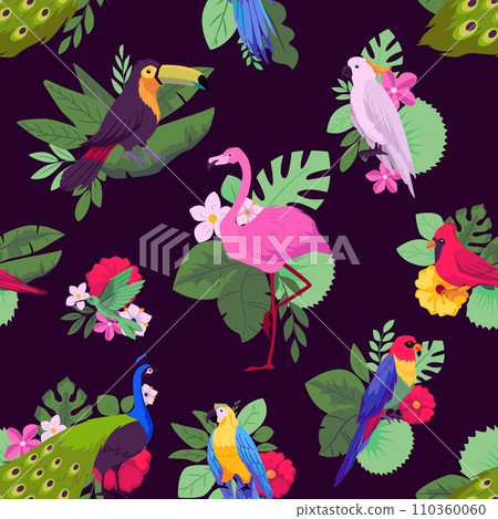 Tropical flora and fauna paradise vector seamless pattern, hummingbird, toucan, Ara parrot, flamingo and exotic flowers 110360060
