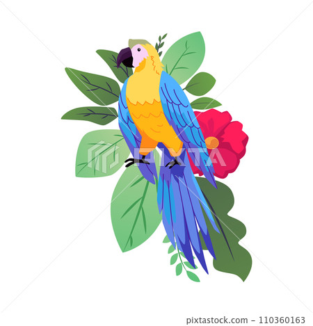 Parrot bird sitting in tropical foliage with flower vector illustration 110360163