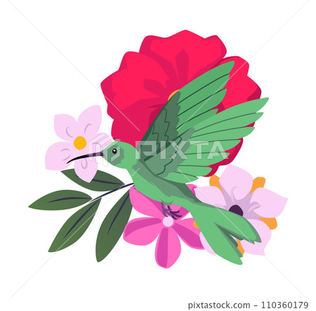 Flying hummingbird wild bird with long beak, vector beautiful exotic small colibri, tropical fauna and blossom flowers 110360179