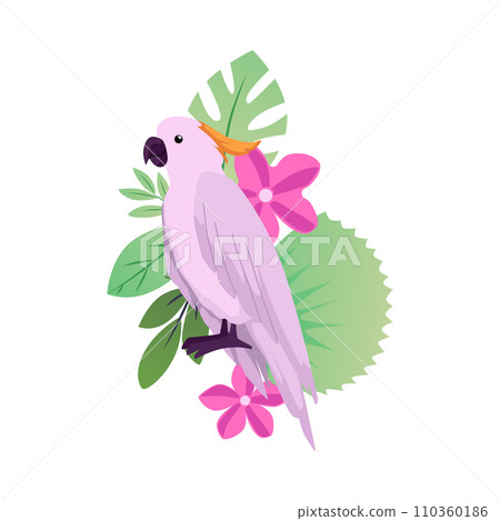 Beautiful Cockatoo on tropical flora, vector exotic parrot bird with pink feather, plumage and blossom wild flowers 110360186