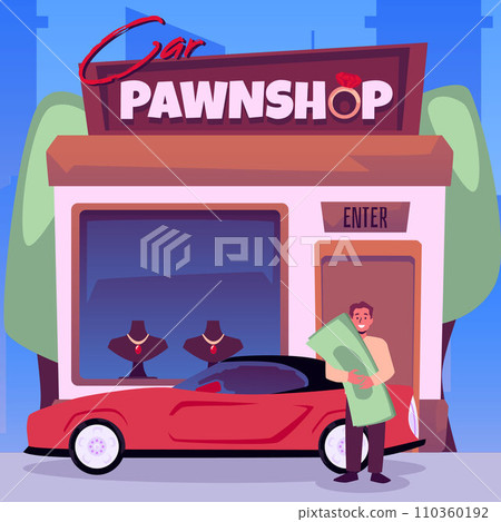 Pawnshop with character receiving money as pawn for car, vector illustration. Pawnshop with character receiving money as pawn for car, vector illustration. 110360192