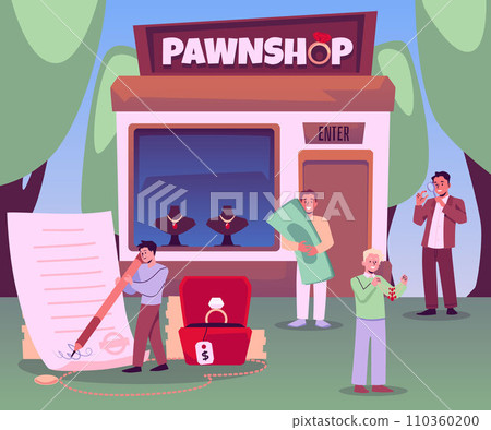 Pawnshop building and client with money, vector customer buy or sell second hand jewelry things and get cash 110360200