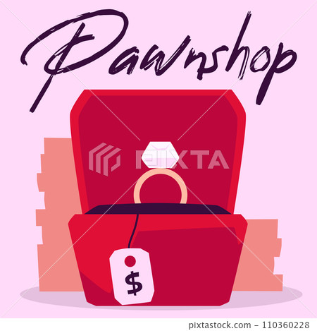 Golden ring with a diamond in red box with price tag, customer buy or sell jewelry and get cash, Pawnshop poster vector Golden ring with a diamond in red box with price tag, customer buy or sell jewelry and get cash, Pawnshop poster vector 110360228