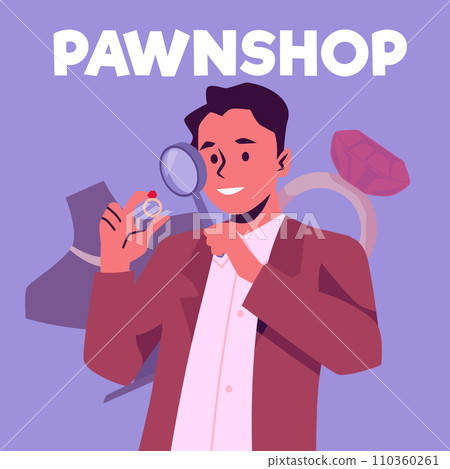 Pawnshop expert appraiser looking at golden ring with red gemstone, man evaluating jewelry under magnifying glass vector 110360261