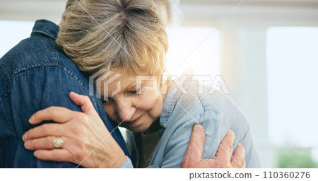 Senior couple, hug or support in home for love, loyalty or bonding together in retirement in marriage commitment. Mature man, woman or embrace for gratitude, wellness or comfort peace in family house 110360276