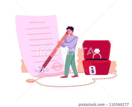 Golden ring with a diamond in red box, customer man signs the document, accepts buy or sell jewelry and get cash vector Golden ring with a diamond in red box, customer man signs the document, accepts buy or sell jewelry and get cash vector 110360277