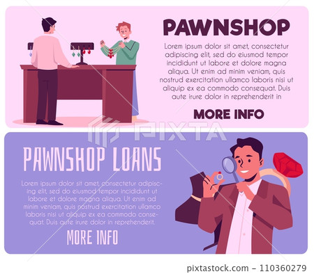 Pawnshop, horizontal templates, cartoon vector illustration on banners Pawnshop, horizontal templates, cartoon vector illustration on banners 110360279