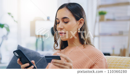 Phone, credit card and woman on a sofa with ecommerce, sale or bank, loan and payment in her home. Smartphone, app and female person in a living room for online shopping, code or password for sign up Phone, credit card and woman on a sofa with ecommerce, sale or bank, loan and payment in her home. Smartphone, app and female person in a living room for online shopping, code or password for sign up 110360280