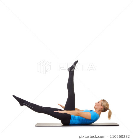 Woman, pilates and mat in studio for stretching legs, fitness or workout for healthy body, wellness or core muscle. Person, exercise or yoga on floor for abdomen on mockup space or white background Woman, pilates and mat in studio for stretching legs, fitness or workout for healthy body, wellness or core muscle. Person, exercise or yoga on floor for abdomen on mockup space or white background 110360282