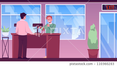 Pawnshop expert appraiser looking at golden necklace with red gemstones, vector evaluating and exchange business service 110360283