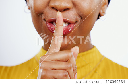 Secret, woman and hands with finger on lips in studio for privacy, confidential deal and surprise on white background. Closeup, mouth and face of model with quiet emoji for gossip, news and whisper Secret, woman and hands with finger on lips in studio for privacy, confidential deal and surprise on white background. Closeup, mouth and face of model with quiet emoji for gossip, news and whisper 110360284
