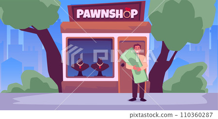 Pawnshop building and client with money on cityscape vector customer buy or sell second hand jewelry things and get cash Pawnshop building and client with money on cityscape vector customer buy or sell second hand jewelry things and get cash 110360287