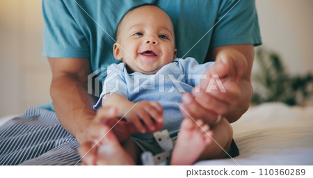 Happy baby, father and bed with cute smile in relax for morning, playing or wakeup at home together. Closeup of parent, dad or little boy and face of adorable new born enjoying bonding in bedroom Happy baby, father and bed with cute smile in relax for morning, playing or wakeup at home together. Closeup of parent, dad or little boy and face of adorable new born enjoying bonding in bedroom 110360289
