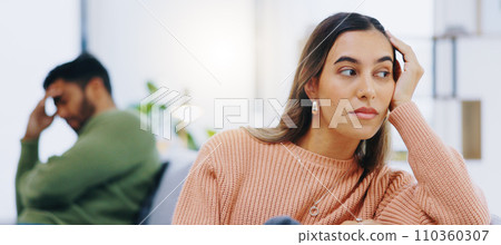 Woman, fight and conflict of couple on sofa for breakup, argument and ignore partner at home. Sad, depressed and frustrated girl thinking of divorce, crisis and emotional stress of toxic relationship 110360307