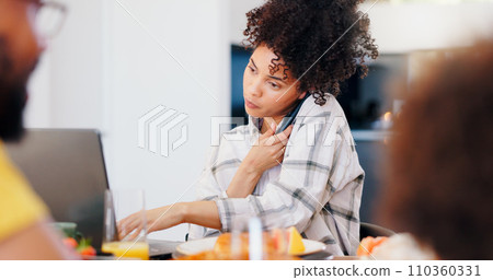 Remote work from home, woman and phone call with laptop, typing and internet in a lounge. Family, mother or father with a cellphone, mobile user or breakfast with communication, connection or network Remote work from home, woman and phone call with laptop, typing and internet in a lounge. Family, mother or father with a cellphone, mobile user or breakfast with communication, connection or network 110360331
