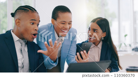 Business people, manager and employees with smartphone, announcement and excited with good news, salary bonus and winner. Staff, women and man with a cellphone, online notification or job promotion 110360370