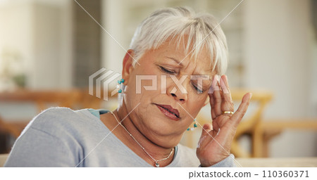 Headache, senior woman and stress in home for retirement, mental health and anxiety of brain fog. Face, sad and frustrated elderly lady with migraine, crisis and pain of vertigo, trauma and fatigue Headache, senior woman and stress in home for retirement, mental health and anxiety of brain fog. Face, sad and frustrated elderly lady with migraine, crisis and pain of vertigo, trauma and fatigue 110360371