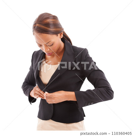 Business, black woman and blazer with fashion, professional style and consultant isolated on white studio background. African person, model and consultant with formal wear, agent or girl with clothes Business, black woman and blazer with fashion, professional style and consultant isolated on white studio background. African person, model and consultant with formal wear, agent or girl with clothes 110360405