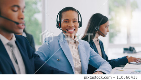 Happy black woman, portrait and headphones at call center for customer service or support at office. Face of African female person, consultant or agent smile with team for online advice in contact us Happy black woman, portrait and headphones at call center for customer service or support at office. Face of African female person, consultant or agent smile with team for online advice in contact us 110360413
