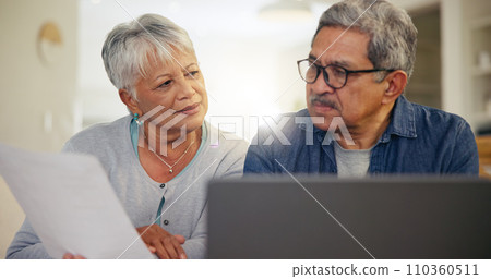 Senior couple, laptop and documents in home for budget, planning financial assets or investment portfolio. Man, woman and paperwork at computer of banking loan, retirement savings or insurance policy Senior couple, laptop and documents in home for budget, planning financial assets or investment portfolio. Man, woman and paperwork at computer of banking loan, retirement savings or insurance policy 110360511