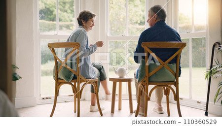Back, coffee or old couple talking in home bonding to enjoy a conversation together on break. Listen, communication or senior man in retirement speaking or drinking tea with an elderly woman for love 110360529
