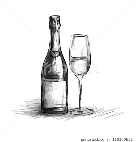 A bottle of champagne and a wine glass, sketch of isolated object, silhouette on white background, minimalistic style 110360631