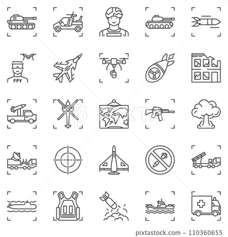 War outline icons set - military vector concept symbols. Army signs War outline icons set - military vector concept symbols. Army signs 110360655