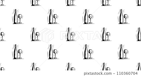 Bottle and glass of wine seamless pattern, black contour on white background, editable doodle illustration Bottle and glass of wine seamless pattern, black contour on white background, editable doodle illustration 110360704