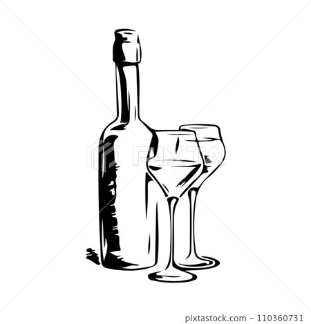 A bottle of wine and two wineglasses, simple contour sketch, silhouette on white background, doodle minimalistic style A bottle of wine and two wineglasses, simple contour sketch, silhouette on white background, doodle minimalistic style 110360731