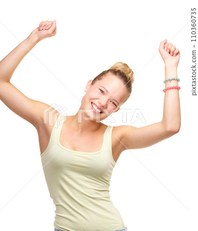 Teenager, portrait and celebrate happy in studio celebration announcement, winning or achievement. Female person, face and dance hands for discount deal or offer exited, white background as mockup Teenager, portrait and celebrate happy in studio celebration announcement, winning or achievement. Female person, face and dance hands for discount deal or offer exited, white background as mockup 110360735