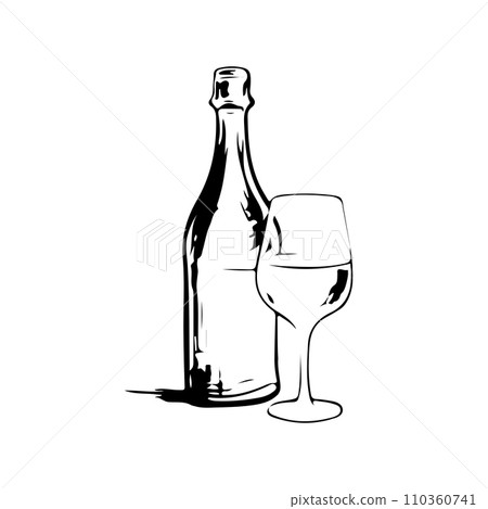 A bottle and a glass of wine illustration, simple sketch, silhouette on white background, doodle minimalistic style A bottle and a glass of wine illustration, simple sketch, silhouette on white background, doodle minimalistic style 110360741