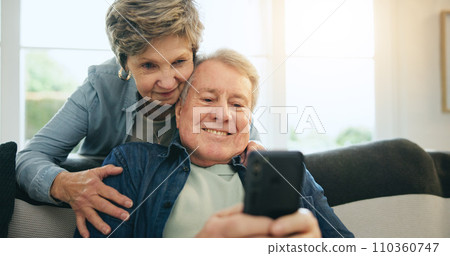 Senior, couple and hug with phone or happy for social media, streaming or internet scroll on sofa of living room. Elderly, woman and man with smartphone on couch in lounge for digital app and smile Senior, couple and hug with phone or happy for social media, streaming or internet scroll on sofa of living room. Elderly, woman and man with smartphone on couch in lounge for digital app and smile 110360747