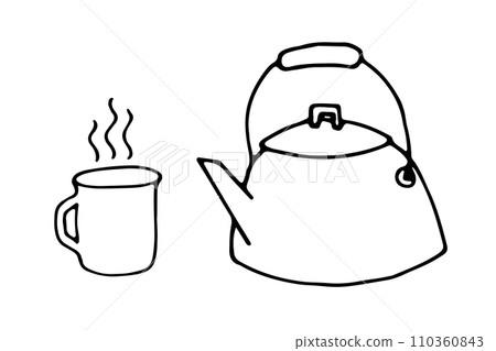 Tea Kettle and Mug with Hot Drink in Doodle style. Vector Old Metal Teapot and Cup Camping Icon. Kitchen Utensil. Tea Kettle and Mug with Hot Drink in Doodle style. Vector Old Metal Teapot and Cup Camping Icon. Kitchen Utensil. 110360843